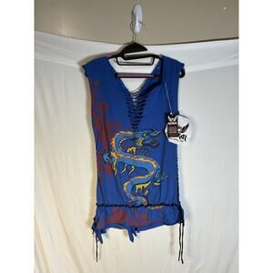 Kimikal Womens L NWT Blue Dragon Graphic Lace Up Cutout Tank Top Y2K Grunge